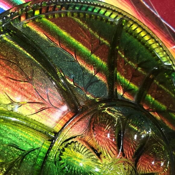 Indiana Green Glass Deviled Egg & Relish Dish‎ Serving Platter 13" Entertaining - Picture 8 of 11